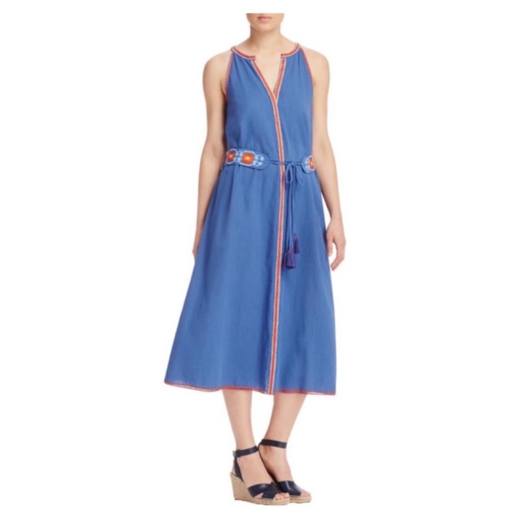 TB 10 Crinkle Hudson Blue Embroidered Coral Light Blue Sleeveless Dress